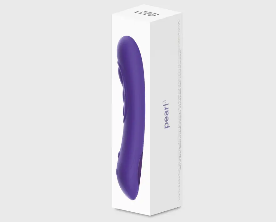 Purple Kiiroo Pearl3 G-spot vibrator in front of its white retail box